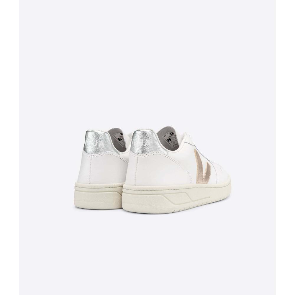 Women's Veja V-10 LEATHER Sneakers White/Silver | ZA 650DFM